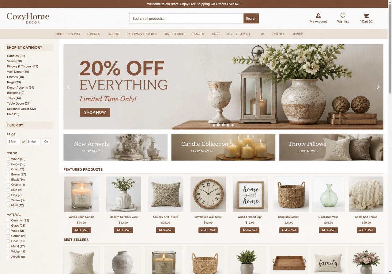 Home Decor & Furniture Shopify store before optimization